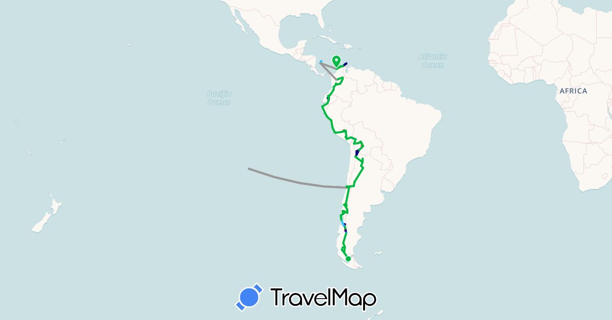 TravelMap itinerary: driving, bus, plane, hiking, boat in Argentina, Bolivia, Chile, Colombia, Ecuador, Peru (South America)